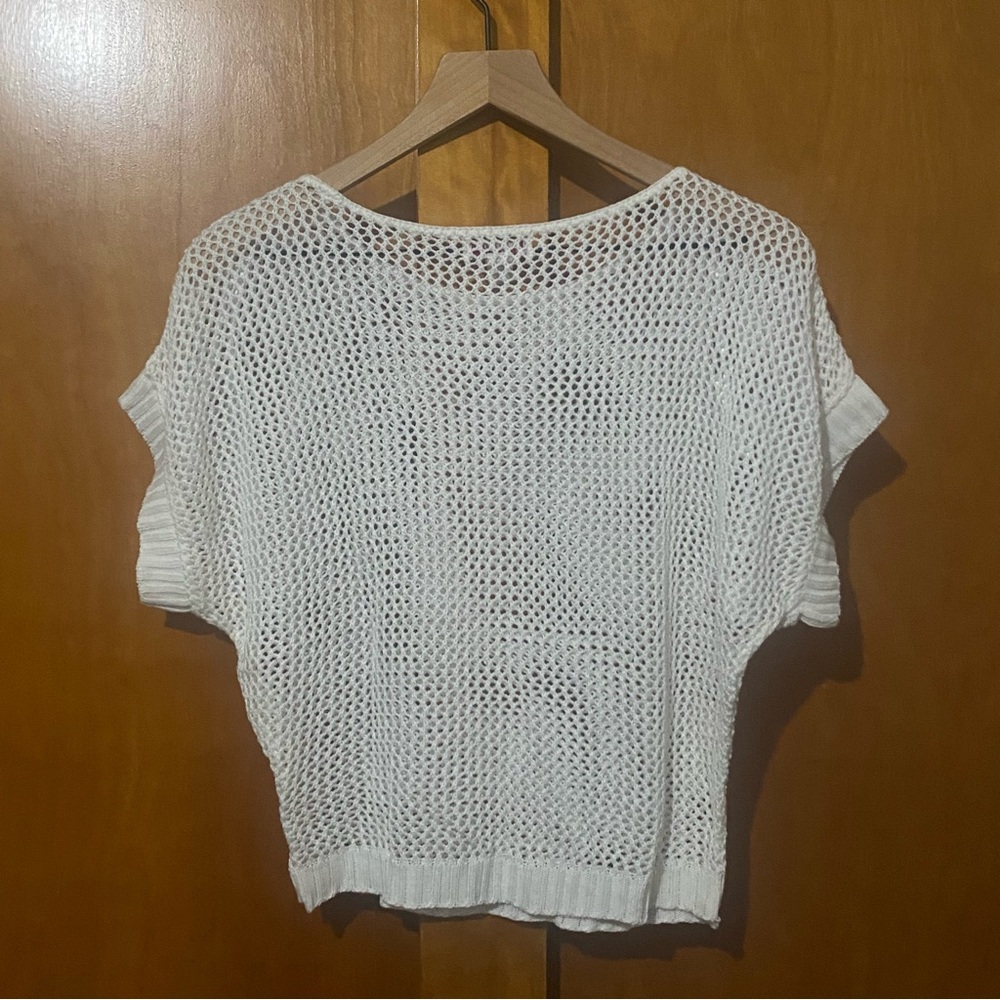 Arizona White Knit Crochet Short Sleeve Sweater Top Juniors Medium - Picture 4 of 4